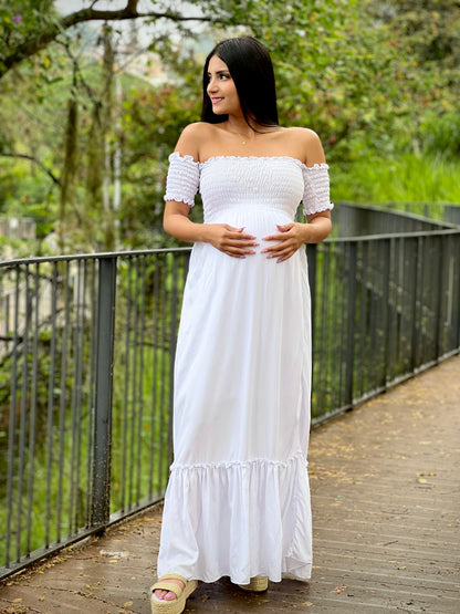 Vestido Materno Largo 'Prince' Blanco - Boutique Mundo Materno